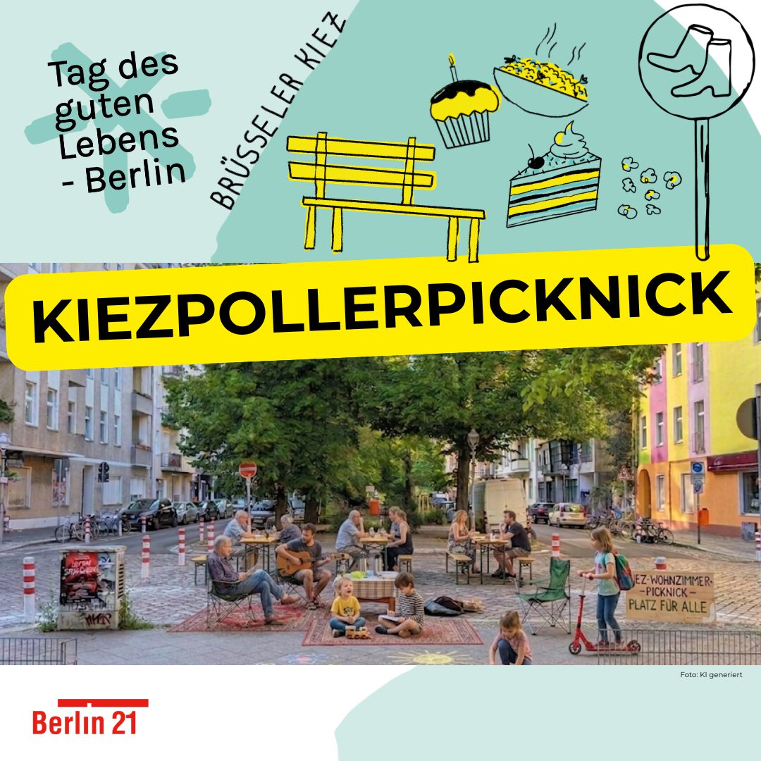 Kiez Poller Picknick KI generiertes Bild mit Menschen im Kiezwohnzimmer auf einer verkehrsfreien Straße